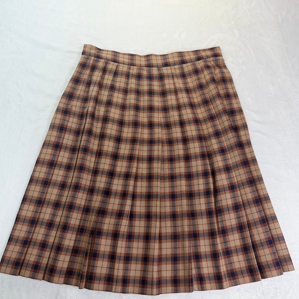 Casual Corner VTG 80s Plaid Pleated Midi Skirt Brown Navy 14 Academia USA Rayon